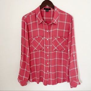 Sanctuary Pink Plaid Button Down Long Sleeve Top